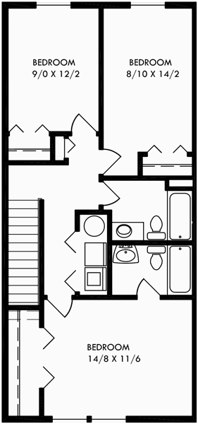 Upper Floor Plan for T-391 Triplex house plans, small townhouse plans, triplex house plans with garage, T-391