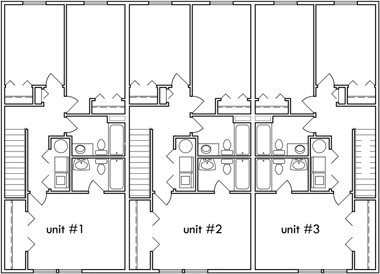 Upper Floor Plan 2 for Triplex house plans, small townhouse plans, triplex house plans with garage, T-391