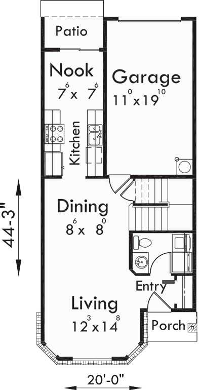 Main Floor Plan for D-480 Duplex house plans, 2 story duplex house plans, house plans with rear garages, D-480