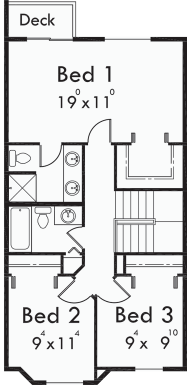 Upper Floor Plan for D-480 Duplex house plans, 2 story duplex house plans, house plans with rear garages, D-480