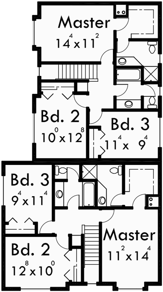 Upper Floor Plan for D-479 Corner lot duplex house plans, craftsman duplex house plans, duplex house plans for sloping lot, D-479