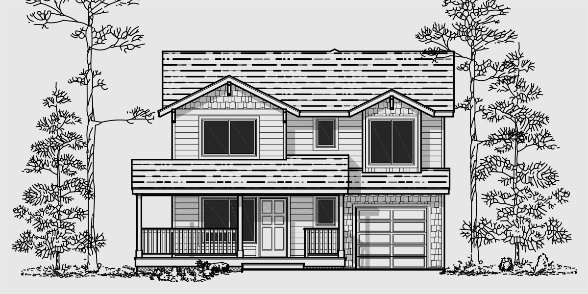 House front color elevation view for D-479 Corner lot duplex house plans, craftsman duplex house plans, duplex house plans for sloping lot, D-479