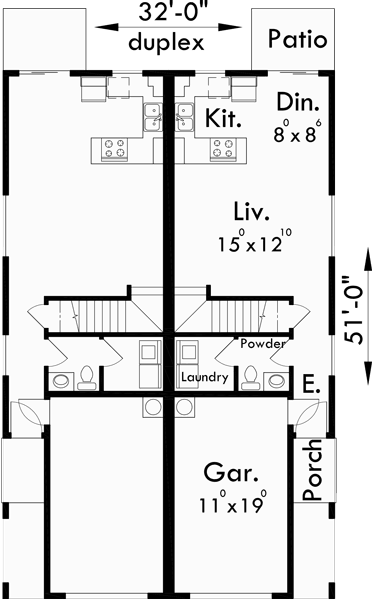 Main Floor Plan for D-430 Narrow lot duplex house plans, 3 bedroom duplex house plans, 2 story duplex house plans,  D-430