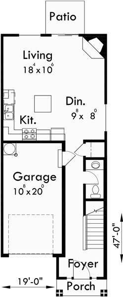 Main Floor Plan for D507 Narrow lot duplex house plans, two story duplex house plans, 3 bedroom duplex house plans, D-507