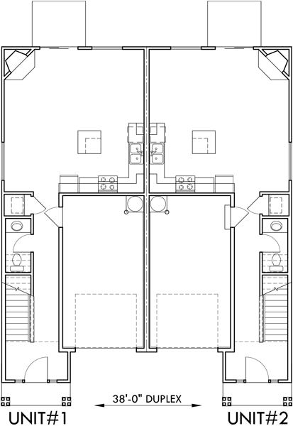 Main Floor Plan 2 for D507 Narrow lot duplex house plans, two story duplex house plans, 3 bedroom duplex house plans, D-507