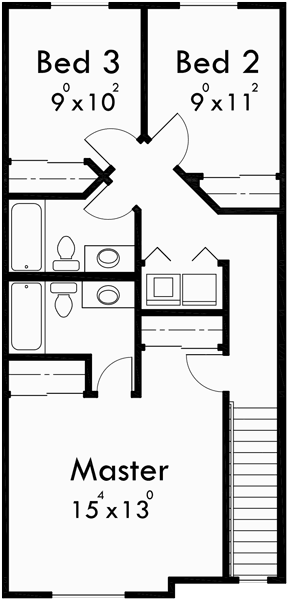 Upper Floor Plan for D507 Narrow lot duplex house plans, two story duplex house plans, 3 bedroom duplex house plans, D-507