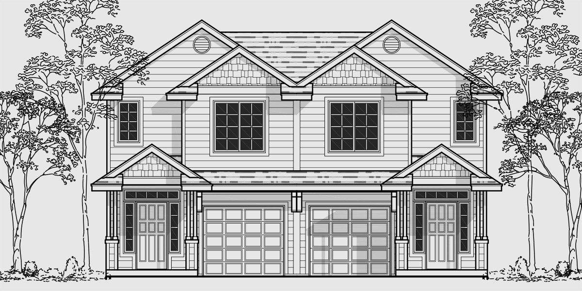 House front color elevation view for D507 Narrow lot duplex house plans, two story duplex house plans, 3 bedroom duplex house plans, D-507