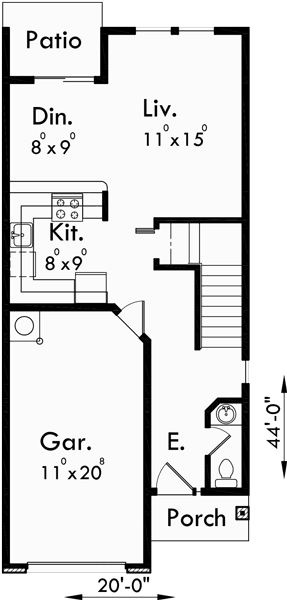 Main Floor Plan for D-481 Triplex Multi-Family Plan 3 Bedroom, 1 Car Garage