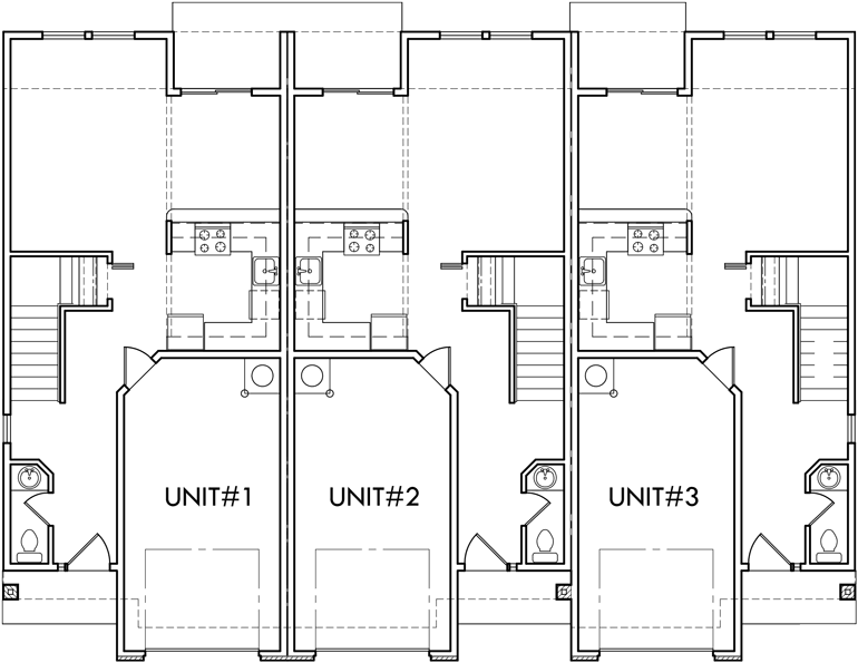 Triplex Multi-Family Plan 3 Bedroom, 1 Car Garage