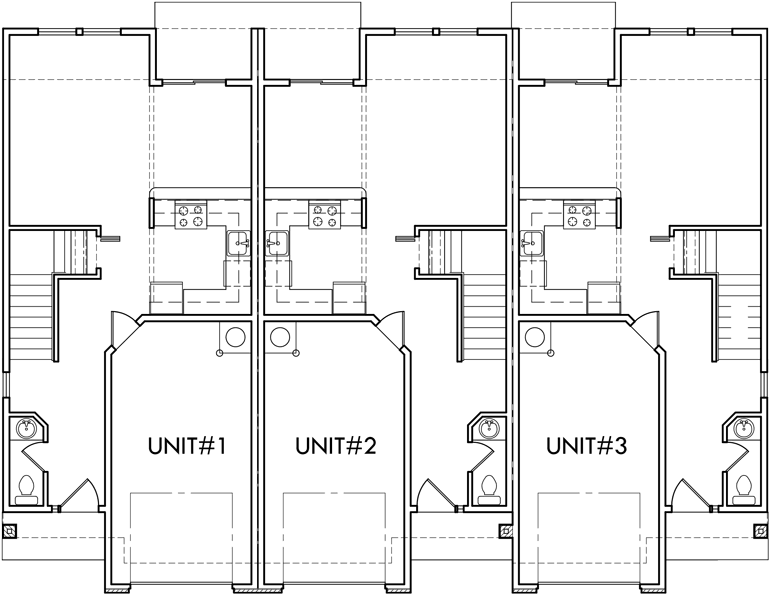 Triplex Multi Family Plan 3 Bedroom 1 Car Garage