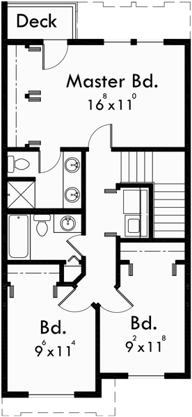 Upper Floor Plan for D-481 Triplex Multi-Family Plan 3 Bedroom, 1 Car Garage