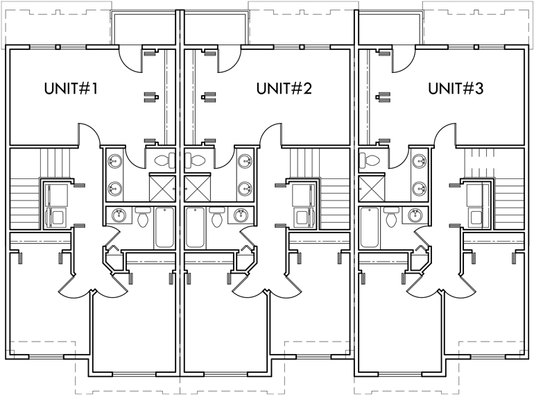 Upper Floor Plan 2 for Triplex Multi-Family Plan 3 Bedroom, 1 Car Garage