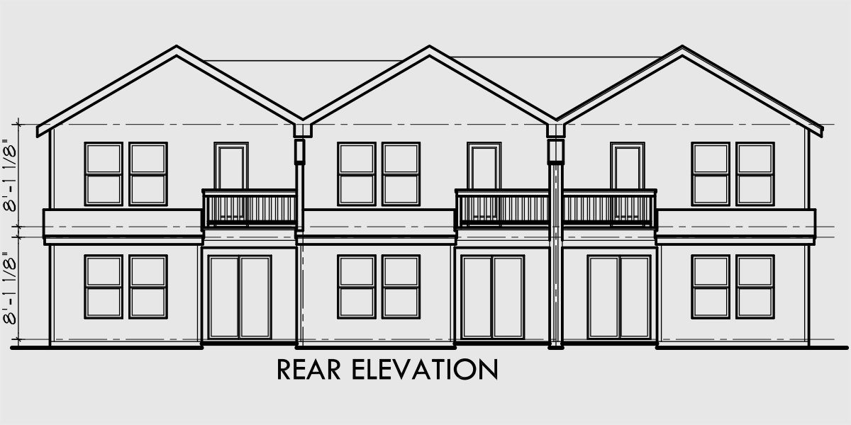 House front drawing elevation view for D-481 Triplex Multi-Family Plan 3 Bedroom, 1 Car Garage