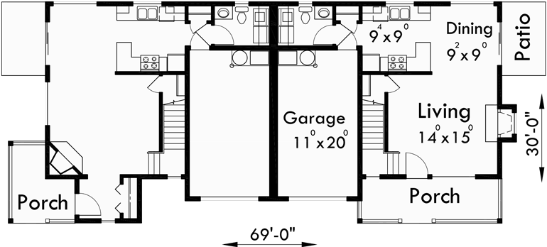 Main Floor Plan for D-465 Duplex house plans, corner lot duplex plans, 3 bedroom duplex plans, D-465