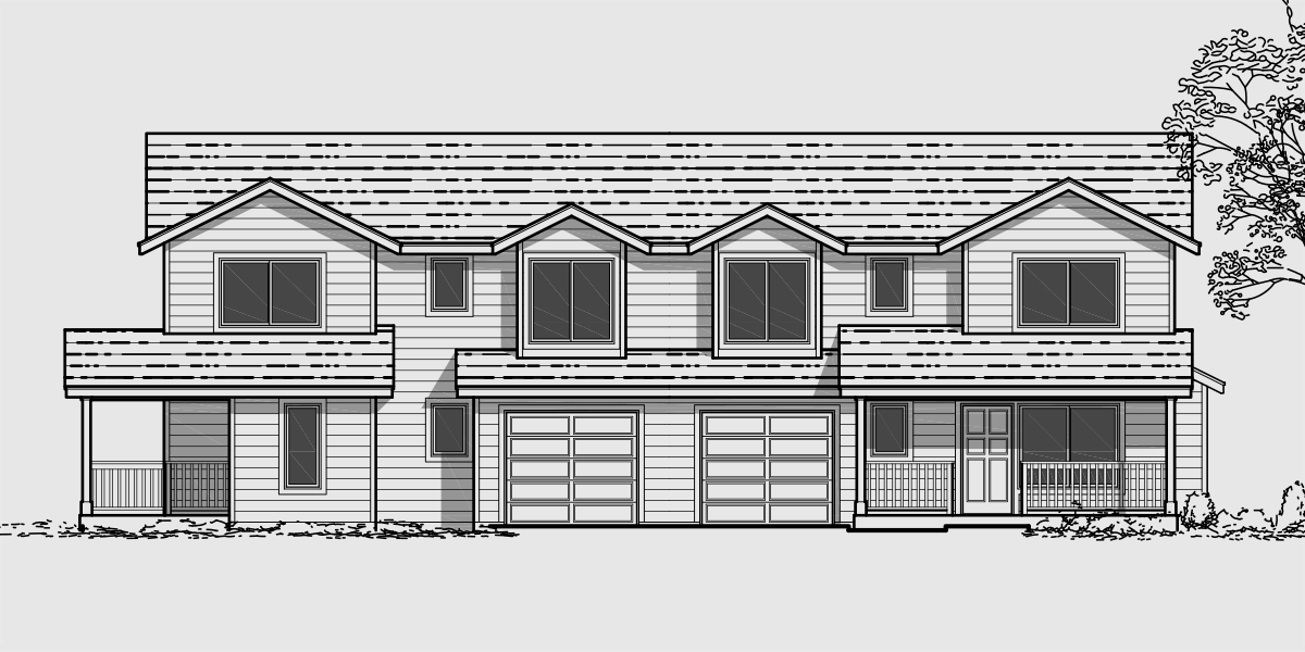 House front drawing elevation view for D-465 Duplex house plans, corner lot duplex plans, 3 bedroom duplex plans, D-465