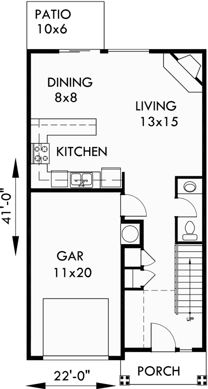 Main Floor Plan for D-438 Duplex house plans, 22 ft wide row house plans, 3 bedroom duplex plans, D-438