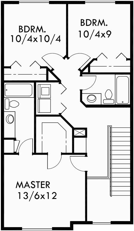 Upper Floor Plan for D-438 Duplex house plans, 22 ft wide row house plans, 3 bedroom duplex plans, D-438