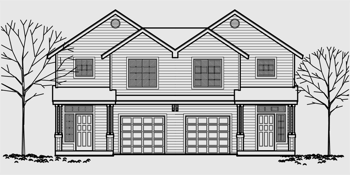 House rear elevation view for D-438 Duplex house plans, 22 ft wide row house plans, 3 bedroom duplex plans, D-438