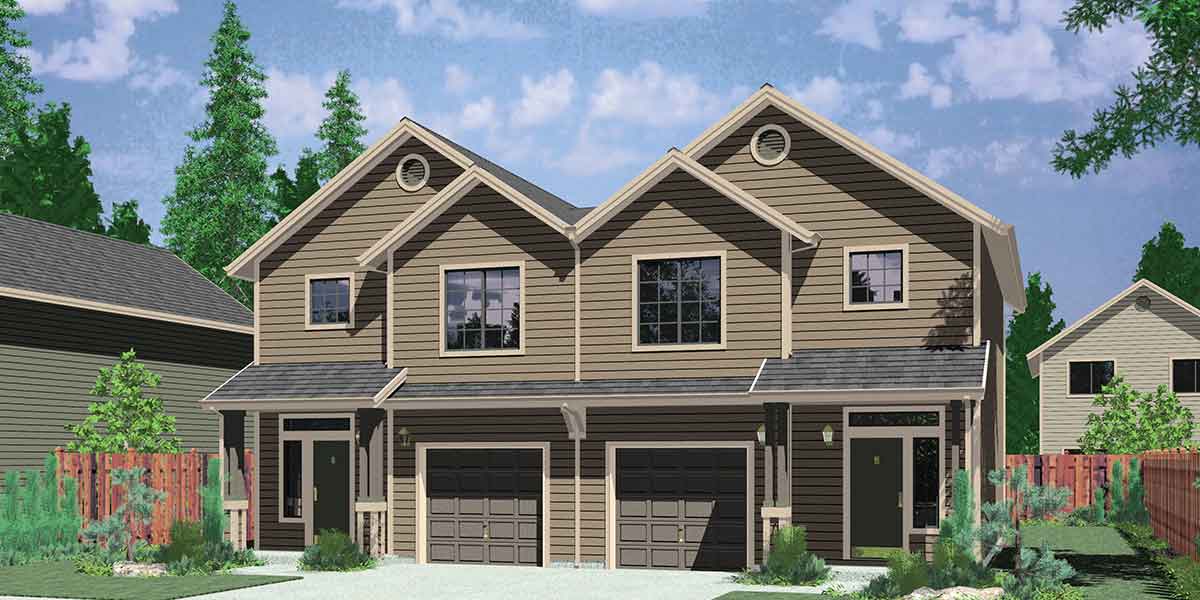 House front color elevation view for D-438 Duplex house plans, 22 ft wide row house plans, 3 bedroom duplex plans, D-438