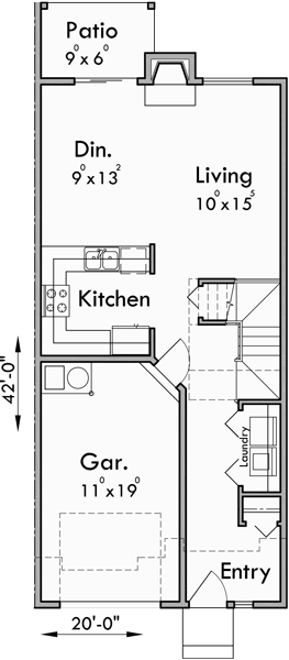 Main Floor Plan for D-458 Duplex house plans, 3 bedroom townhouse plans, mirror image house plans, D-458