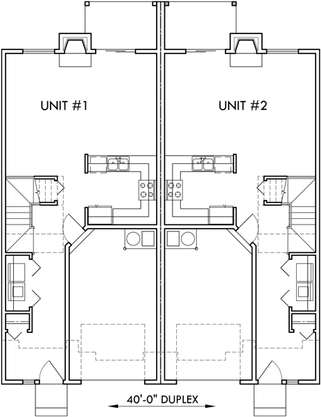 Main Floor Plan 2 for D-458 Duplex house plans, 3 bedroom townhouse plans, mirror image house plans, D-458