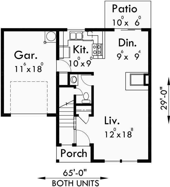 Main Floor Plan for D-461 Duplex house plans, shallow lot multi-family plans, 3 bedroom duplex plans, D-461
