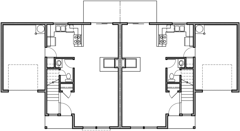 Main Floor Plan 2 for D-461 Duplex house plans, shallow lot multi-family plans, 3 bedroom duplex plans, D-461