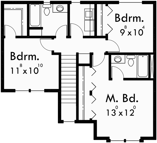 Upper Floor Plan for D-461 Duplex house plans, shallow lot multi-family plans, 3 bedroom duplex plans, D-461