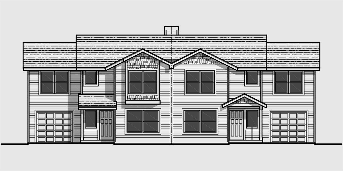 House side elevation view for D-461 Duplex house plans, shallow lot multi-family plans, 3 bedroom duplex plans, D-461