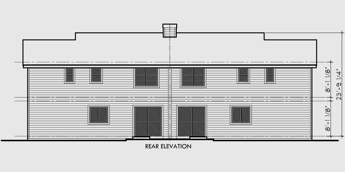 House rear elevation view for D-461 Duplex house plans, shallow lot multi-family plans, 3 bedroom duplex plans, D-461