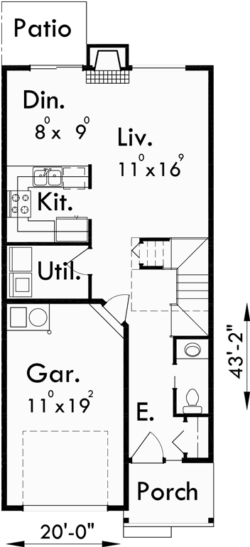 Main Floor Plan for D-496 Duplex house plans, 20 ft wide house plans, 4 bedroom duplex plans, D-496