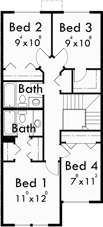 Upper Floor Plan for D-496 Duplex house plans, 20 ft wide house plans, 4 bedroom duplex plans, D-496