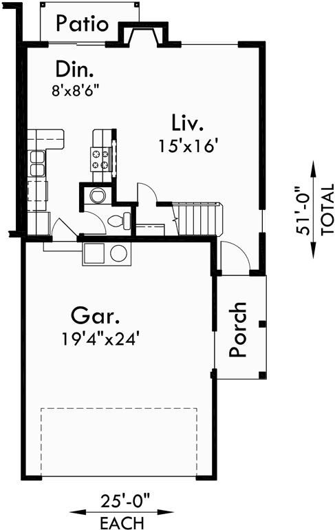 Main Floor Plan for D-434 Duplex house plans, 25 ft. wide house plans, duplex house plans with 2 car garages, D-434