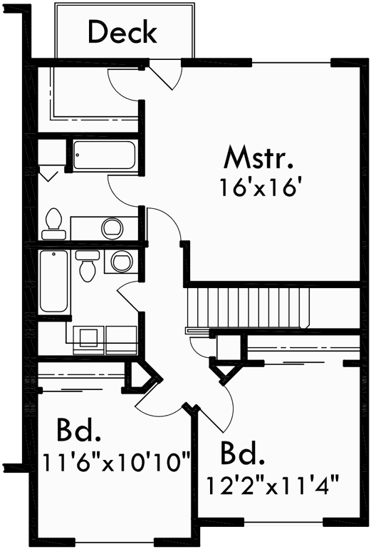 Upper Floor Plan for D-434 Duplex house plans, 25 ft. wide house plans, duplex house plans with 2 car garages, D-434