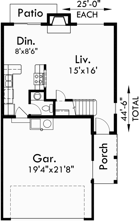 Main Floor Plan for D-477 Wide Duplex Plan With Two Car Garage 