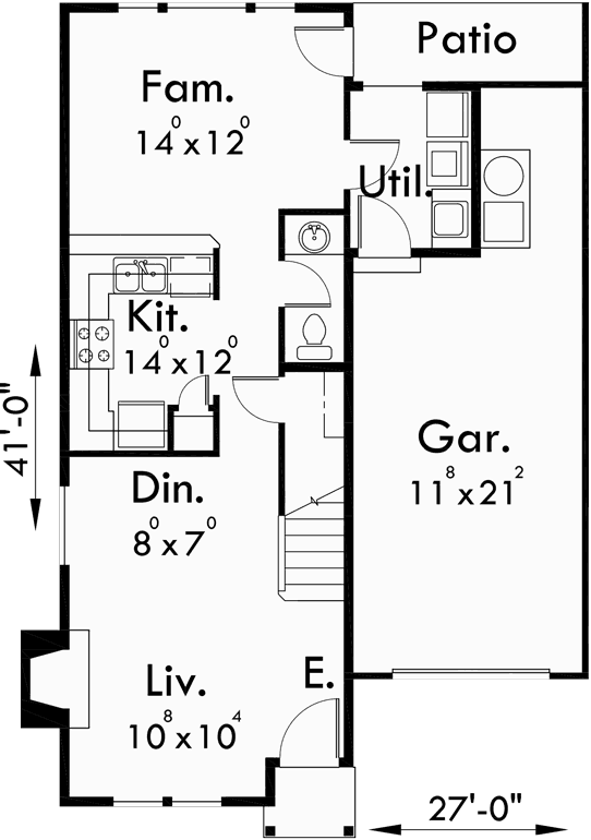 Main Floor Plan for D-418 Duplex house plans, 3 bedroom townhouse plans, duplex house plans with garage, D-418