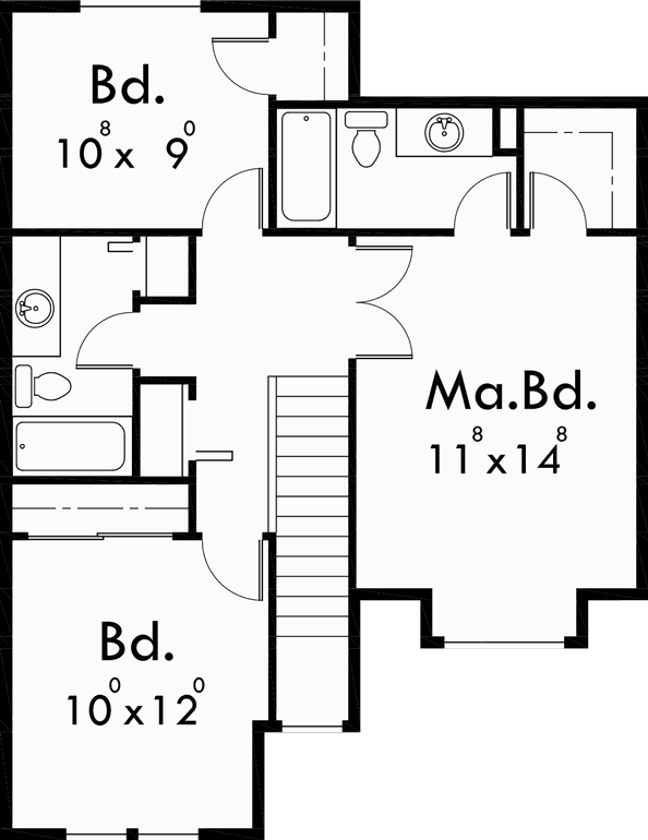 Upper Floor Plan for D-418 Duplex house plans, 3 bedroom townhouse plans, duplex house plans with garage, D-418