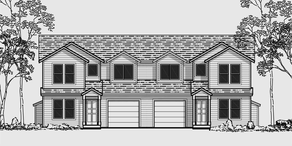 House rear elevation view for D-418 Duplex house plans, 3 bedroom townhouse plans, duplex house plans with garage, D-418