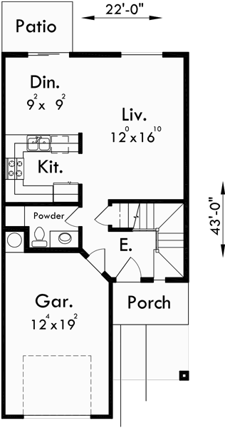 Main Floor Plan for D-482 Duplex house plans, 4 bedroom townhouse plans, D-482