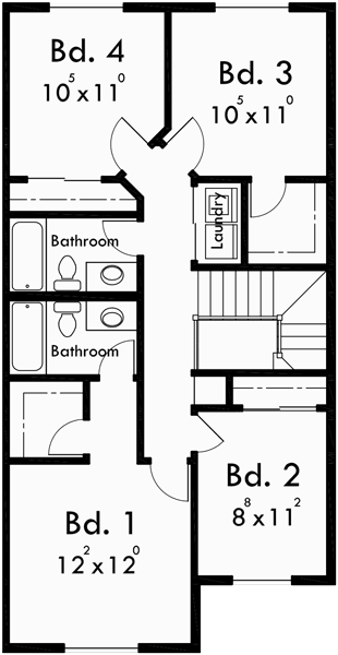 Upper Floor Plan for D-482 Duplex house plans, 4 bedroom townhouse plans, D-482