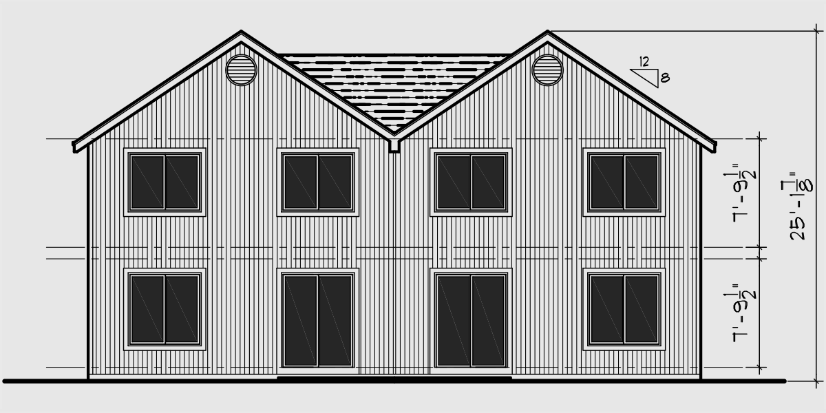 House side elevation view for D-482 Duplex house plans, 4 bedroom townhouse plans, D-482