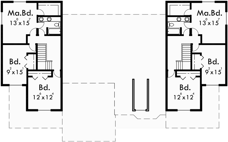 Upper Floor Plan for D-437 Triplex house plans, triplex house plans with garage, one story triplex plans, two story triplex plans, D-437