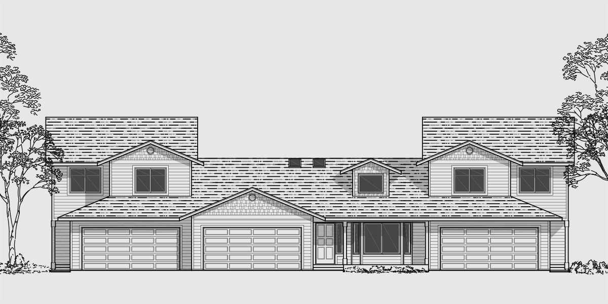 House front color elevation view for D-437 Triplex house plans, triplex house plans with garage, one story triplex plans, two story triplex plans, D-437