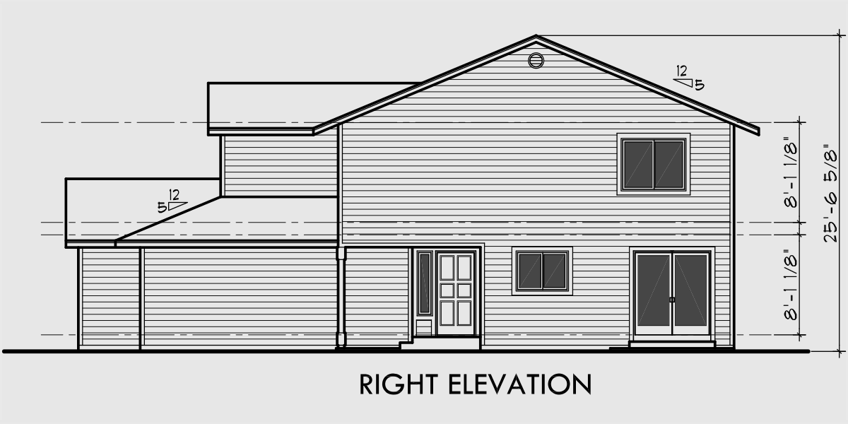 House side elevation view for D-437 Triplex house plans, triplex house plans with garage, one story triplex plans, two story triplex plans, D-437