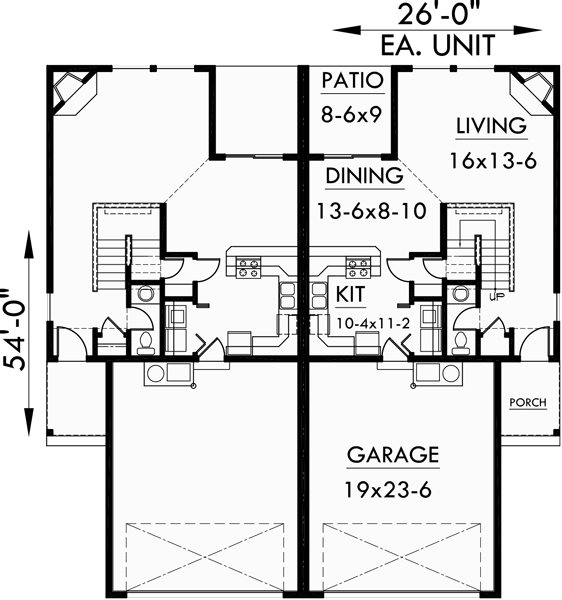 Main Floor Plan for D-433 Duplex house plans, duplex house plans with garage, D-433
