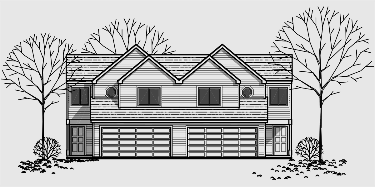 House front drawing elevation view for D-433 Duplex house plans, duplex house plans with garage, D-433