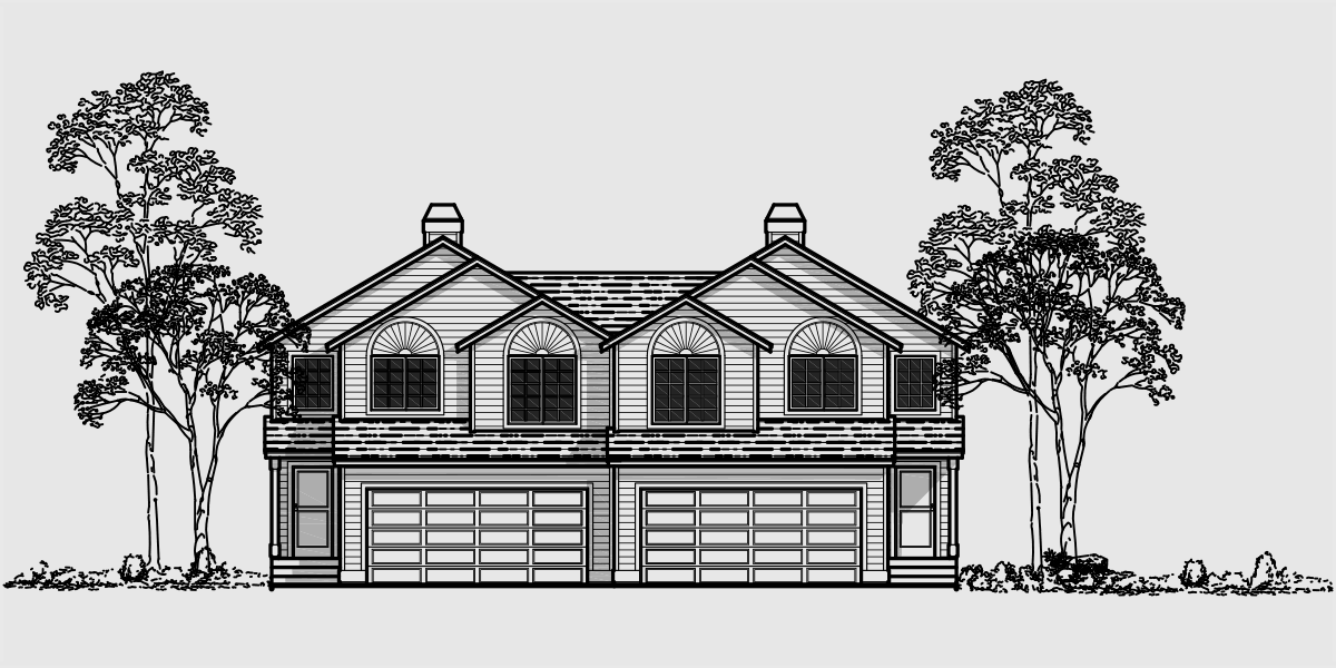 House front color elevation view for D-422 Duplex house plans, duplex house plan with 2 car garage, 3 bedroom duplex house plans, D-422