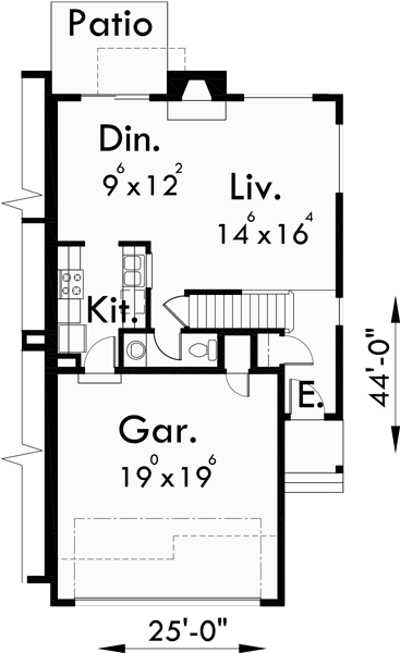 Main Floor Plan for D-422 Duplex house plans, duplex house plan with 2 car garage, 3 bedroom duplex house plans, duplex house plans with basement, D-422