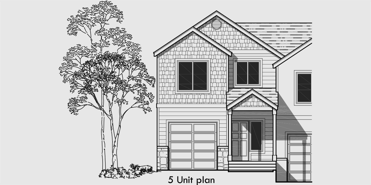House side elevation view for D-515-5 Townhouse plans, 5 plex plans, row house plans, townhouse plans with basement, townhouse plans for sloping lots, D-515-5