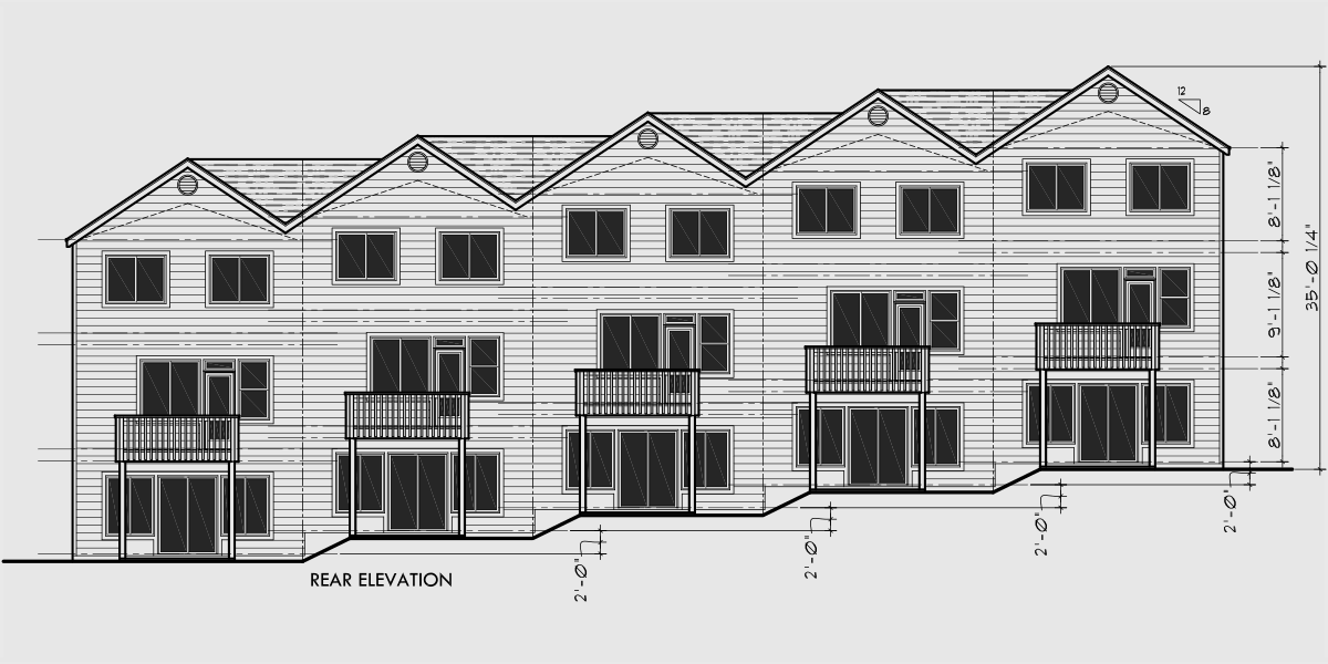 House rear elevation view for D-515-5 Townhouse plans, 5 plex plans, row house plans, townhouse plans with basement, townhouse plans for sloping lots, D-515-5